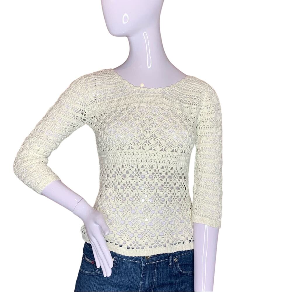 Lucky Brand women blouse size XS crochet knit cream color 3/4 sleeve